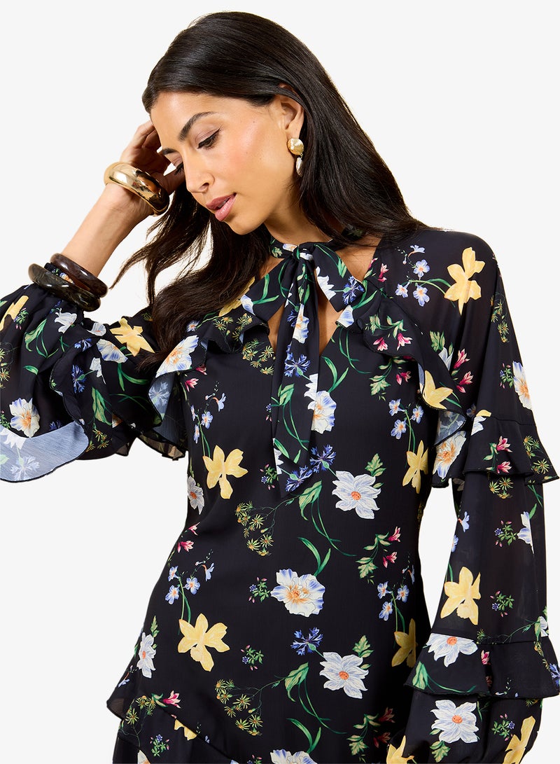 Little Mistress Floral Frill Midi Dress - Image 3